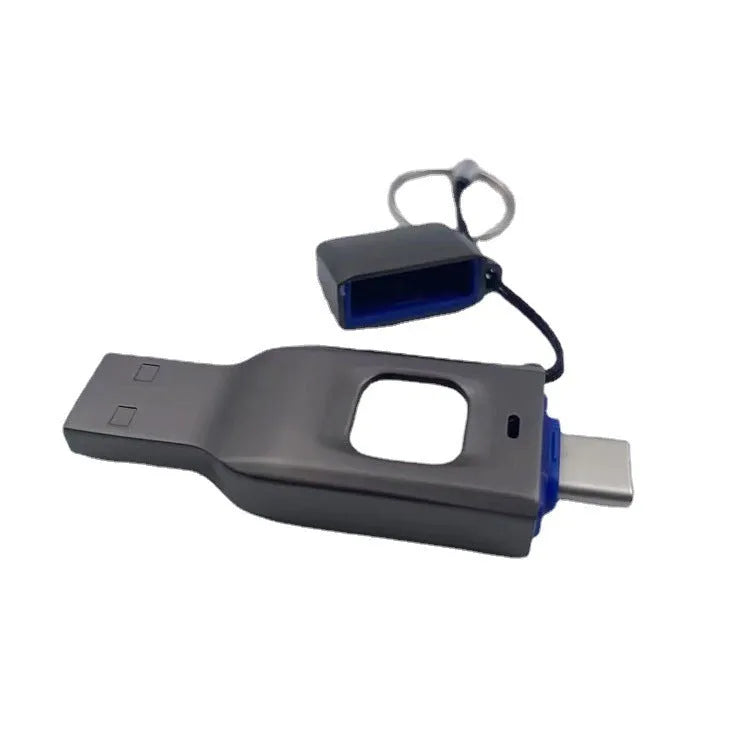 Black fingerprint USB flash drive showing USB 3.0 and Type-C connectors
