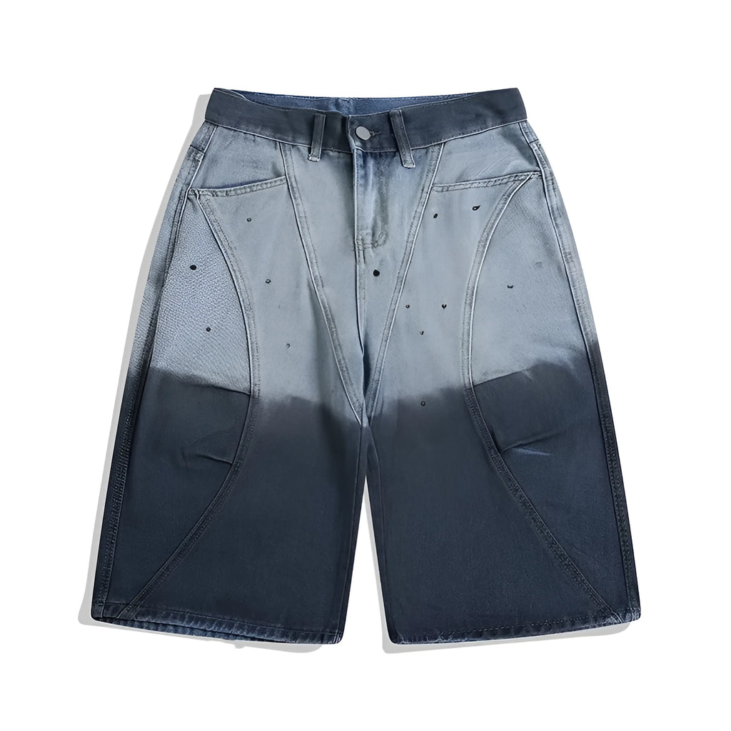 Tie-dye gradient blue cropped jeans with washed-out finish and loose fit design
