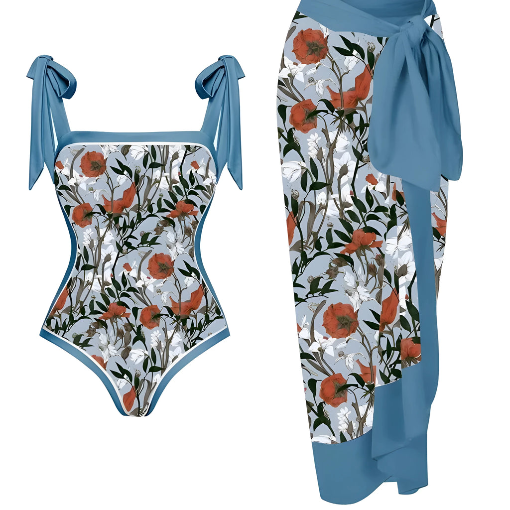 Women's floral print chiffon swimsuit with attached skirt in two-piece design