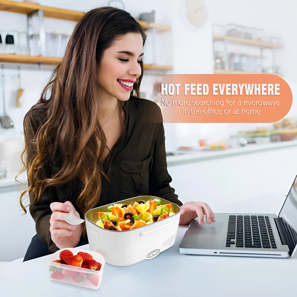 Grey electric lunch box with dual car and home power capability, 1.2 litre capacity, and choice of stainless steel or plastic inner tank