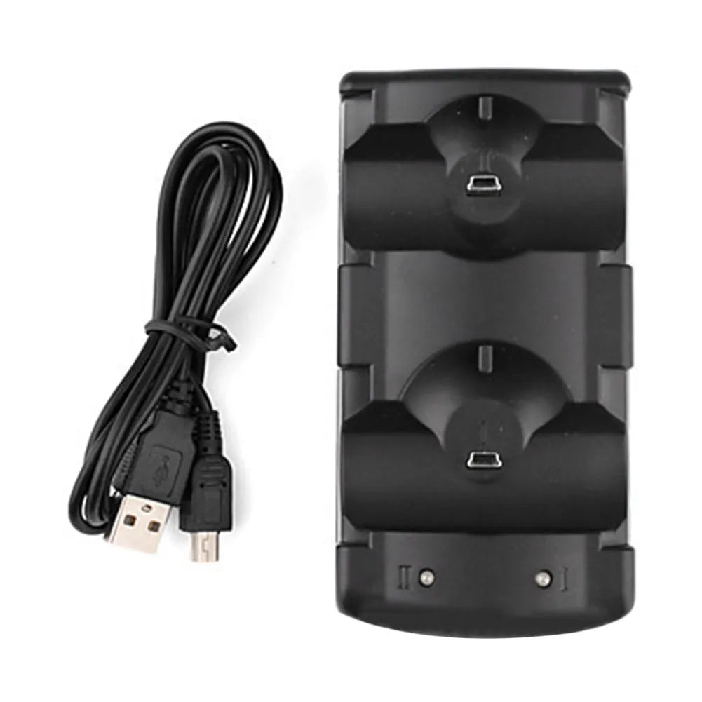 Black plastic PS3 two-in-one dual charger base with USB interface for wireless controllers