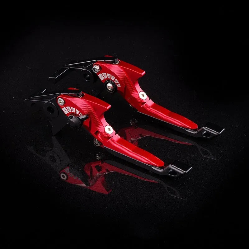Pair of anodised metal motorcycle horn handle clutch levers with six-speed adjustable length, shown in a selection of colour finishes