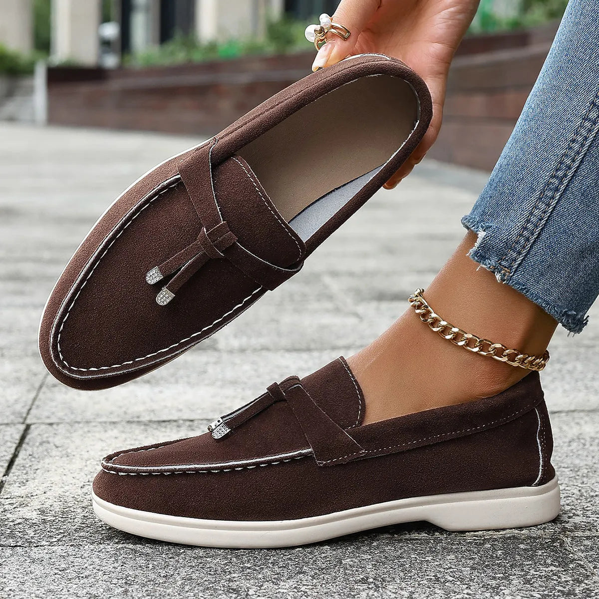 Canvas gommino slip-on loafers with platform heel in black, apricot, and brown colours