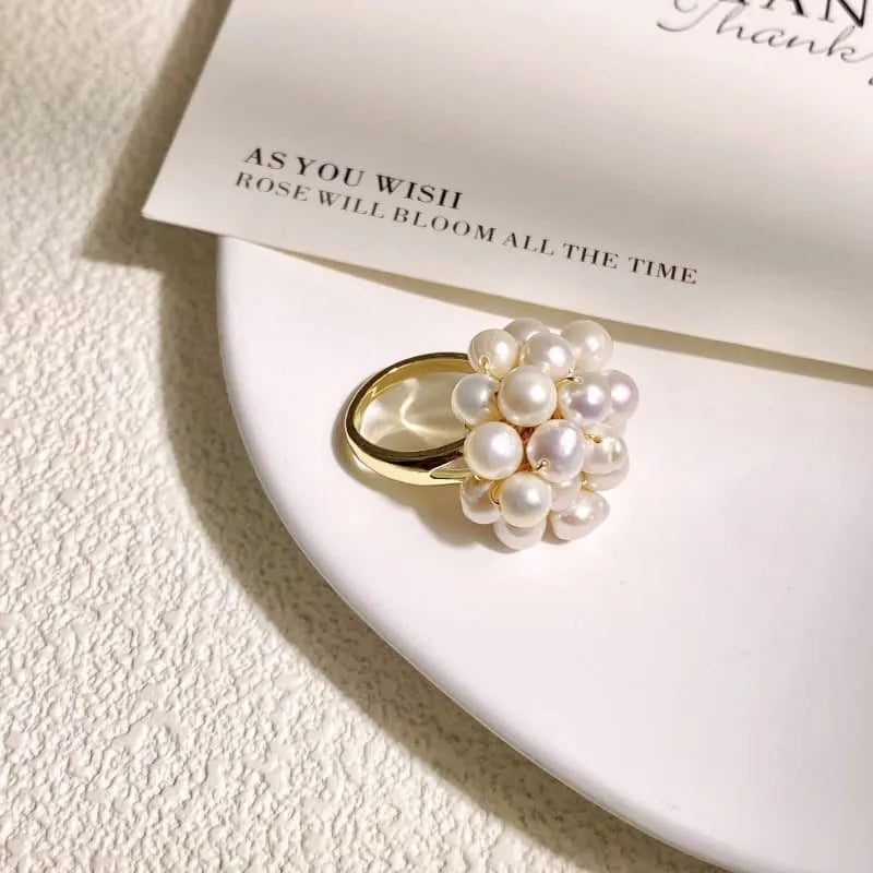White pearl open ring geometric shape non-fading finish handmade fashion OL style on white background