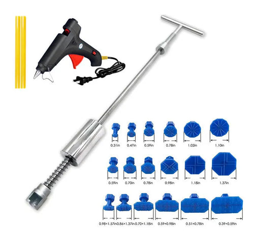 Automotive dent repair tool with T-shaped hammer and blue adhesive pullers for car body repair