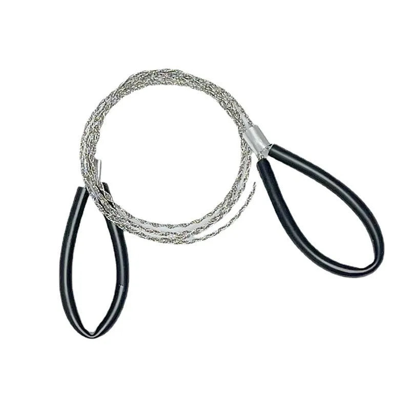 Black leather case containing stainless steel wire survival saw with red pull handles