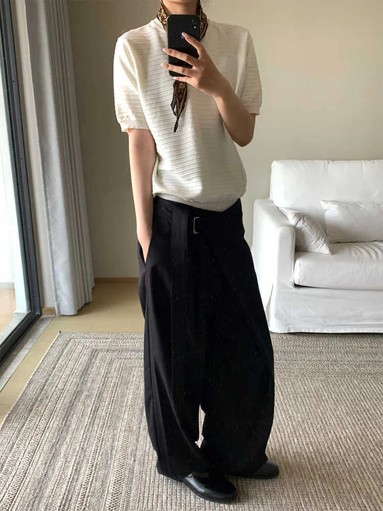 Black women's straight-leg trousers with single pleat front and adjustable waistband