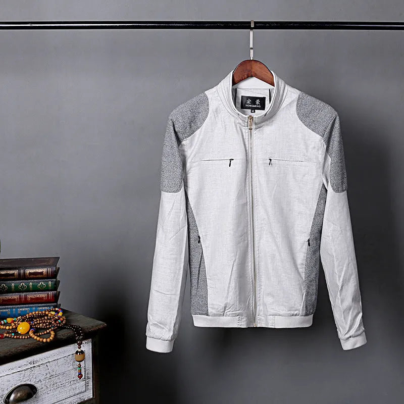 Men's thin plus-size linen jacket in heather grey, grass green, or blue.
