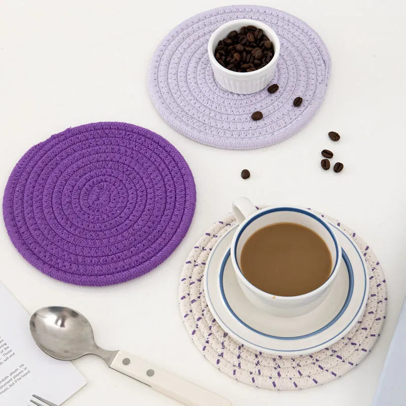 Three round cotton cord coasters in modern simplicity design with 18cm diameter