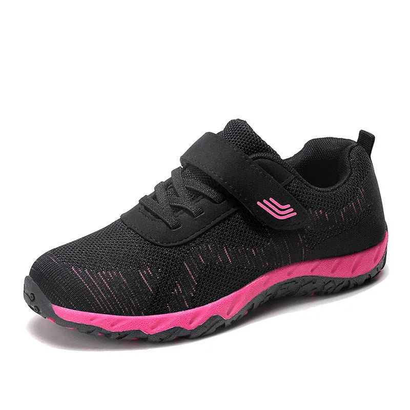 Women's low-top wedge heel shoes in grey purple with breathable mesh upper and Velcro strap.