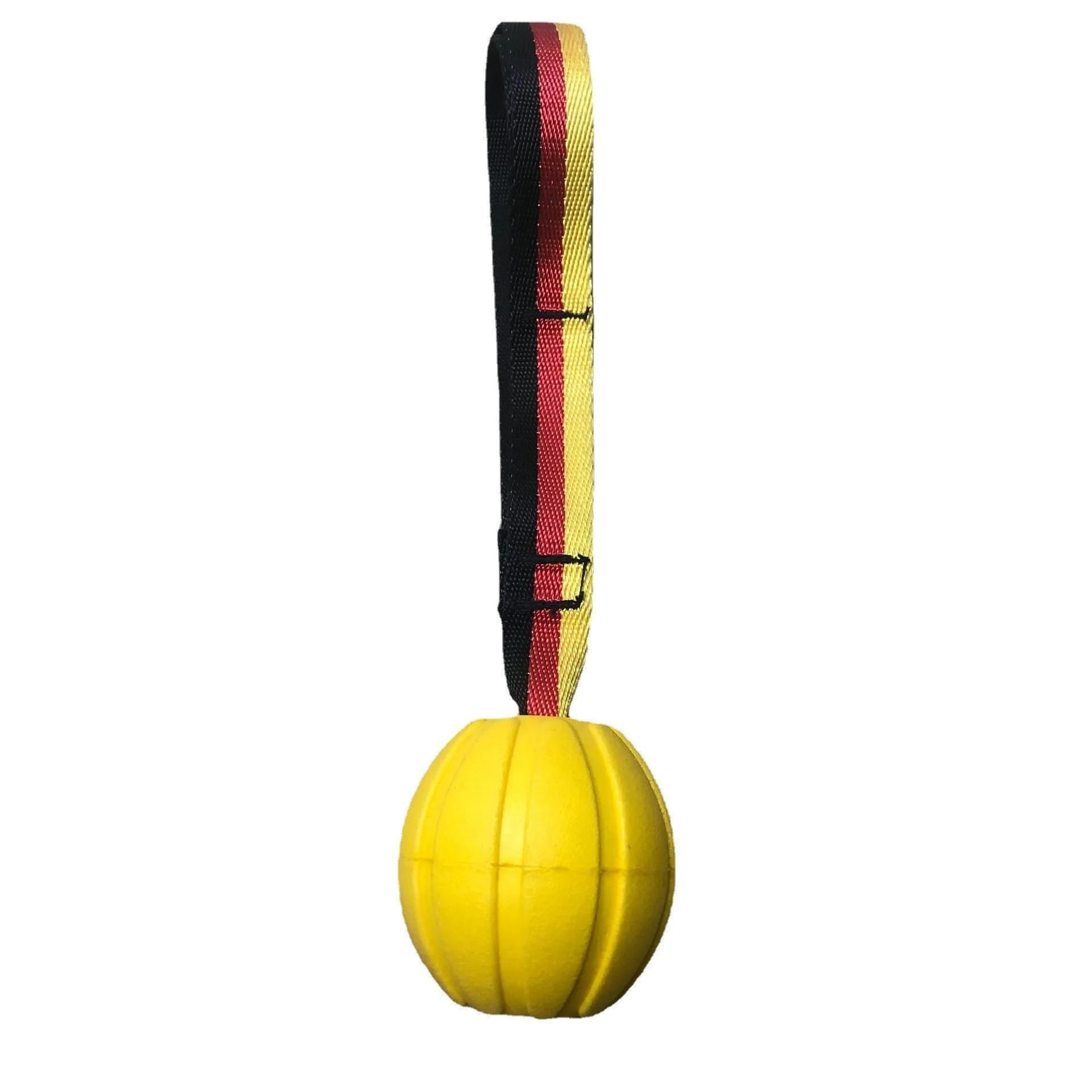 Floating camouflage and yellow EVA pet training ball with knotted tether in three diameter sizes for water retrieval