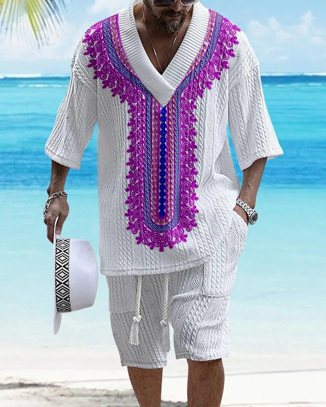 Printed drop-shoulder men's knitted short-sleeved top and matching shorts casual suit set