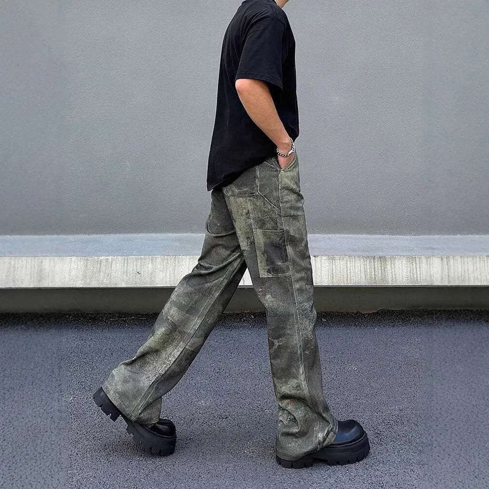 Retro digital camouflage straight leg jeans for men in cotton denim with medium waist