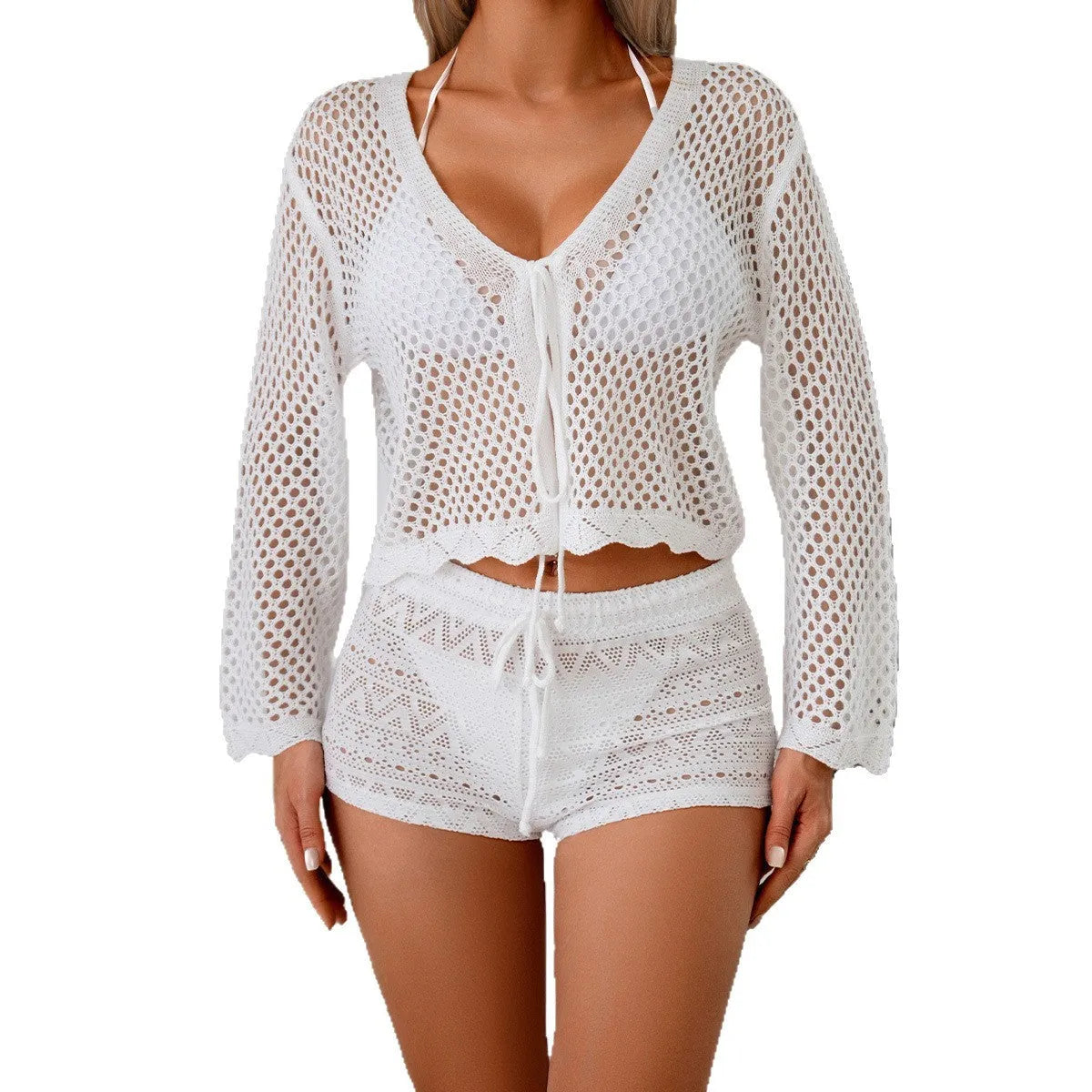 Short women's cardigan blouse with bell sleeves in a hollow woven cotton-like fabric.