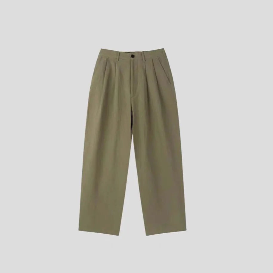 Men's apricot wide-leg cotton linen trousers with micro-elastic waist and pencil leg opening