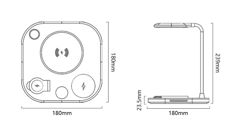 Black wireless charging desk lamp with 15W fast charging capability showing multiple device charging