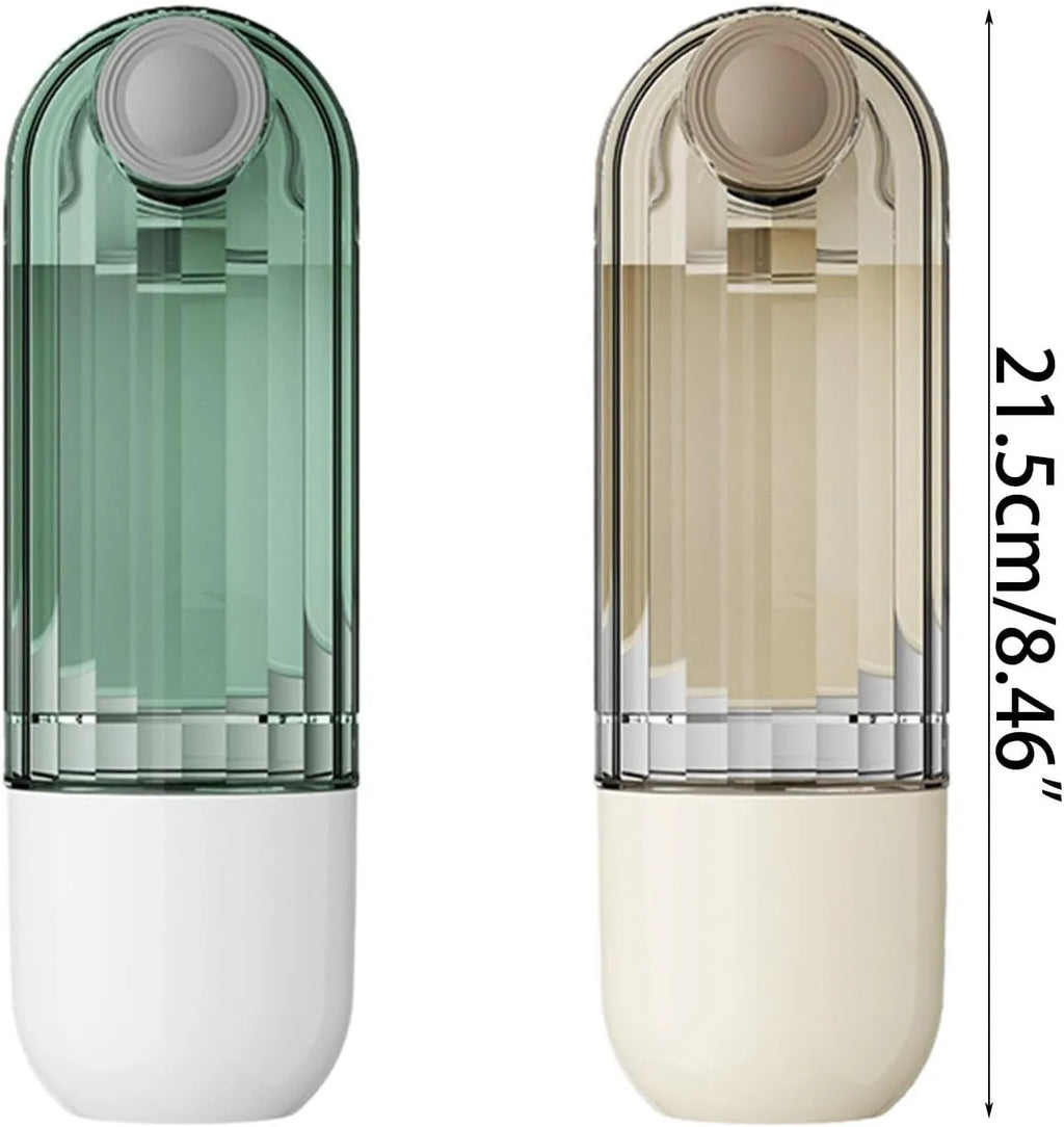 Beige foldable dog water bottle with food dispenser base, shown with dimensions.