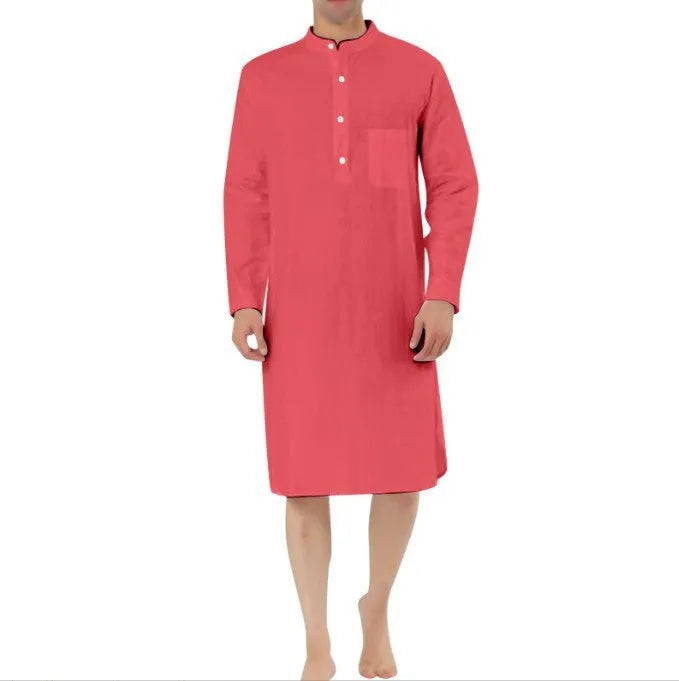 Men's button-front shirt robe in a cotton blend fabric with two front pockets