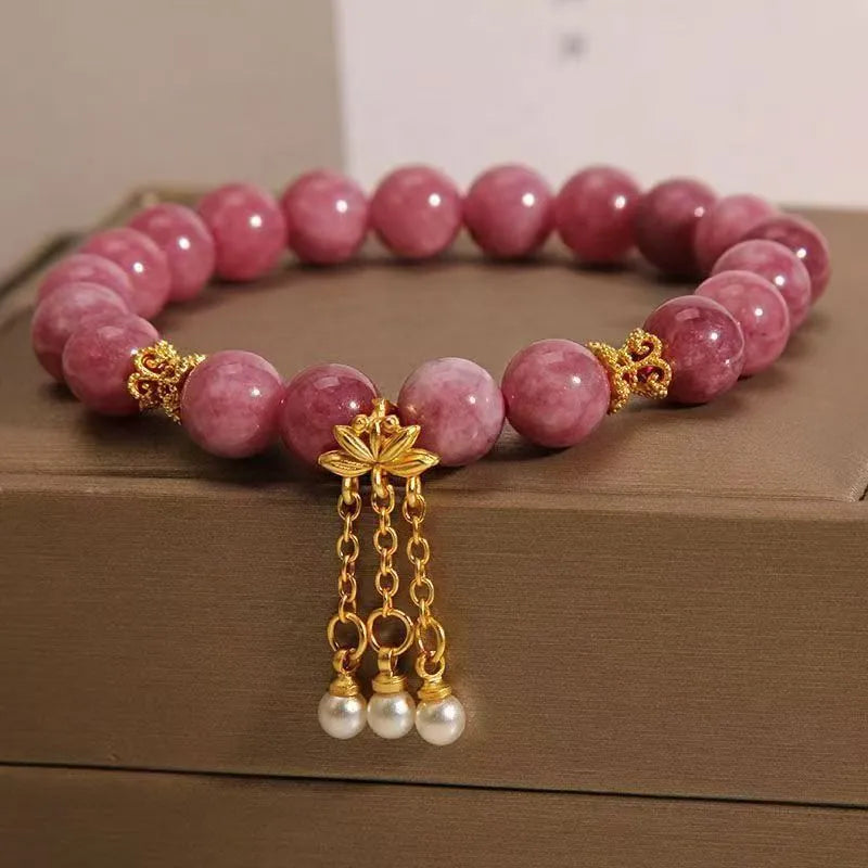Women's natural stone bracelet with pink lotus tassel and pearl pendant design