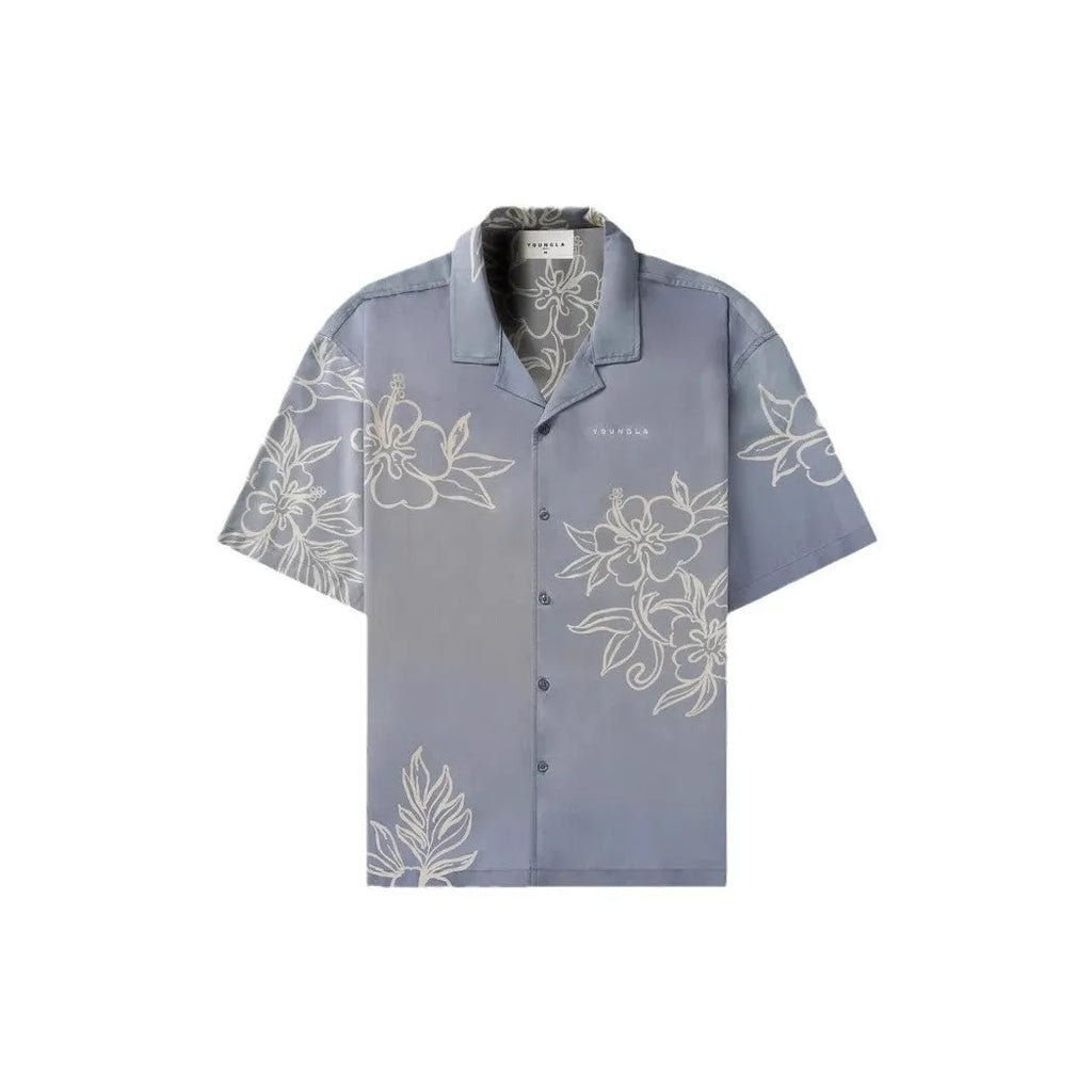 Men's printed casual top with flower pattern, loose cardigan style, and short sleeves in elastic polyester fabric