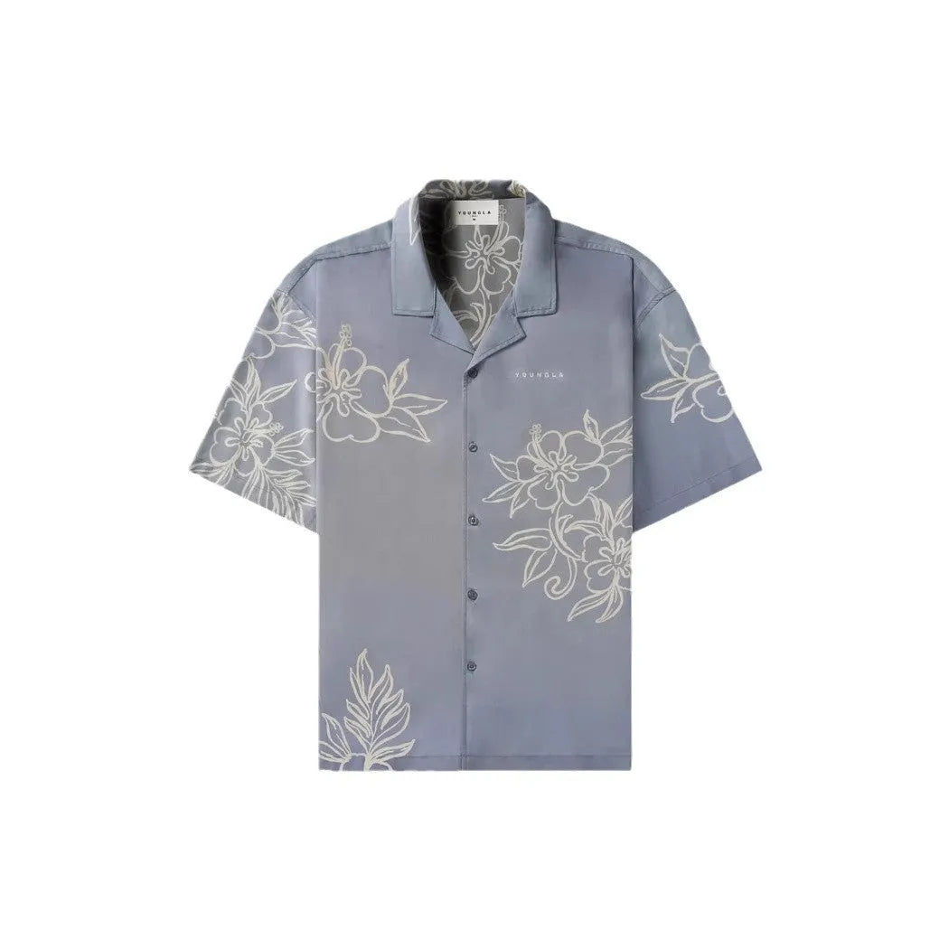 Men's printed casual top with flower pattern, loose cardigan style, and short sleeves in elastic polyester fabric