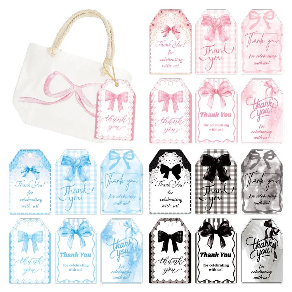 Birthday party theme gift label tags set with three design styles and hemp rope for present decoration