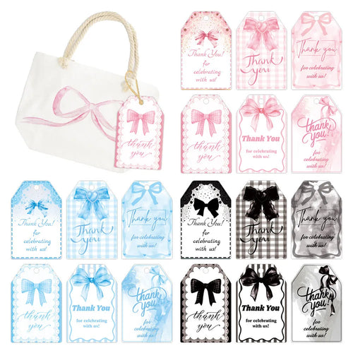 Birthday party theme gift label tags set with three design styles and hemp rope for present decoration