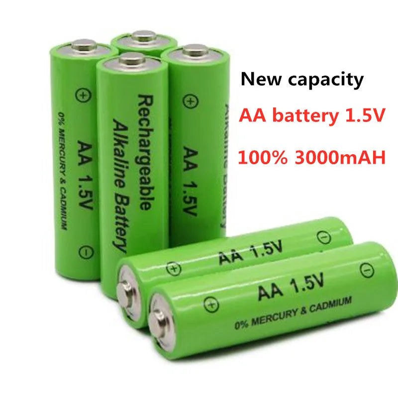 Pack of green AA alkaline rechargeable batteries with 3000mAh capacity and 1000 cycle rating.