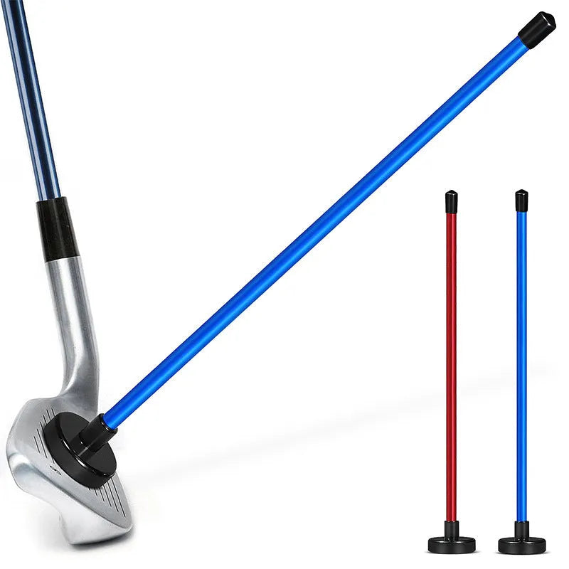 Red and blue magnetic golf swing alignment trainer on practice mat
