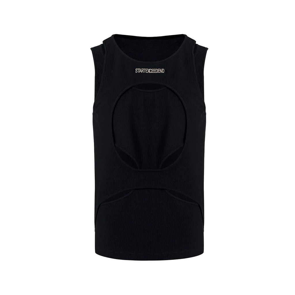 Men's sleeveless waistcoat vest in black or white with round neck and hollow thread construction