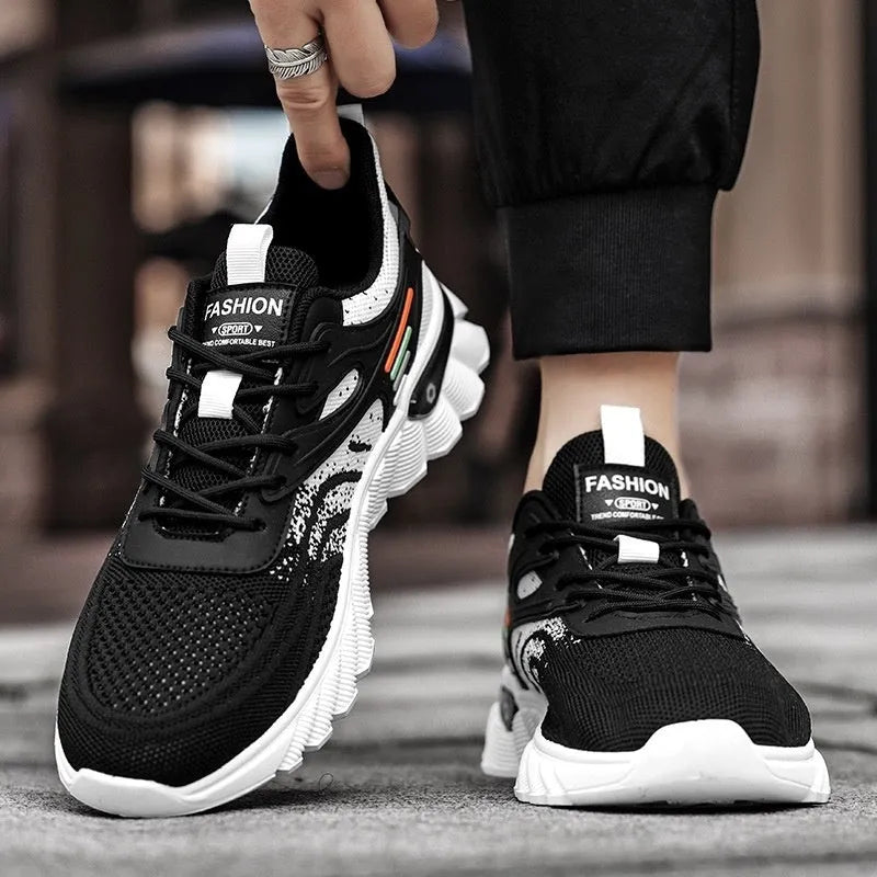 Men's white blue platform casual running shoes with cross shoulder straps and mesh upper