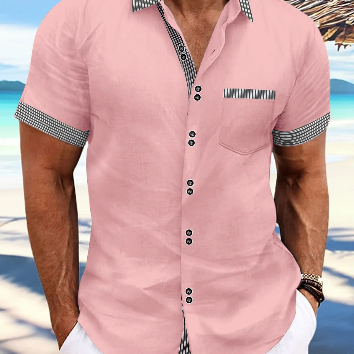 Man wearing a slim fit striped casual shirt with double button short sleeves in pure cotton.