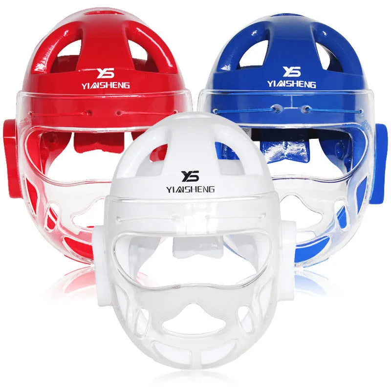 Karate helmet protective equipment for boxing in white, blue and red colour options