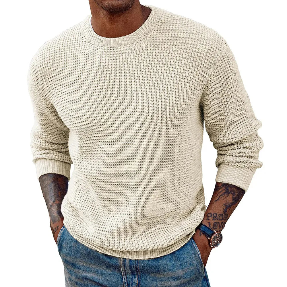 Men's solid colour round neck sweater pullover in beige, casual knit top