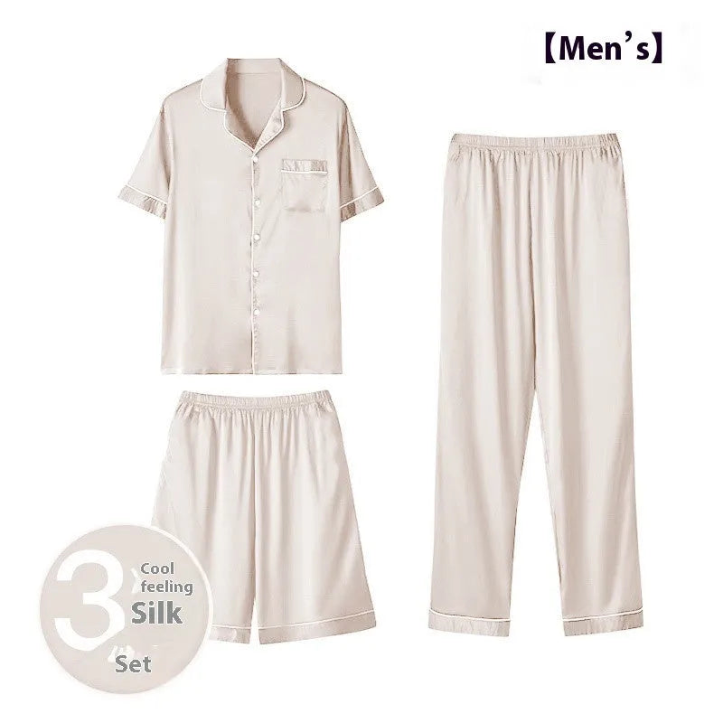 Men's ice silk three-piece home wear suit showing short sleeve top, shorts, and trousers laid flat.