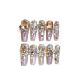 Card of 10 rhinestone-decorated flash style artificial nails for women with jelly adhesive or tool set.