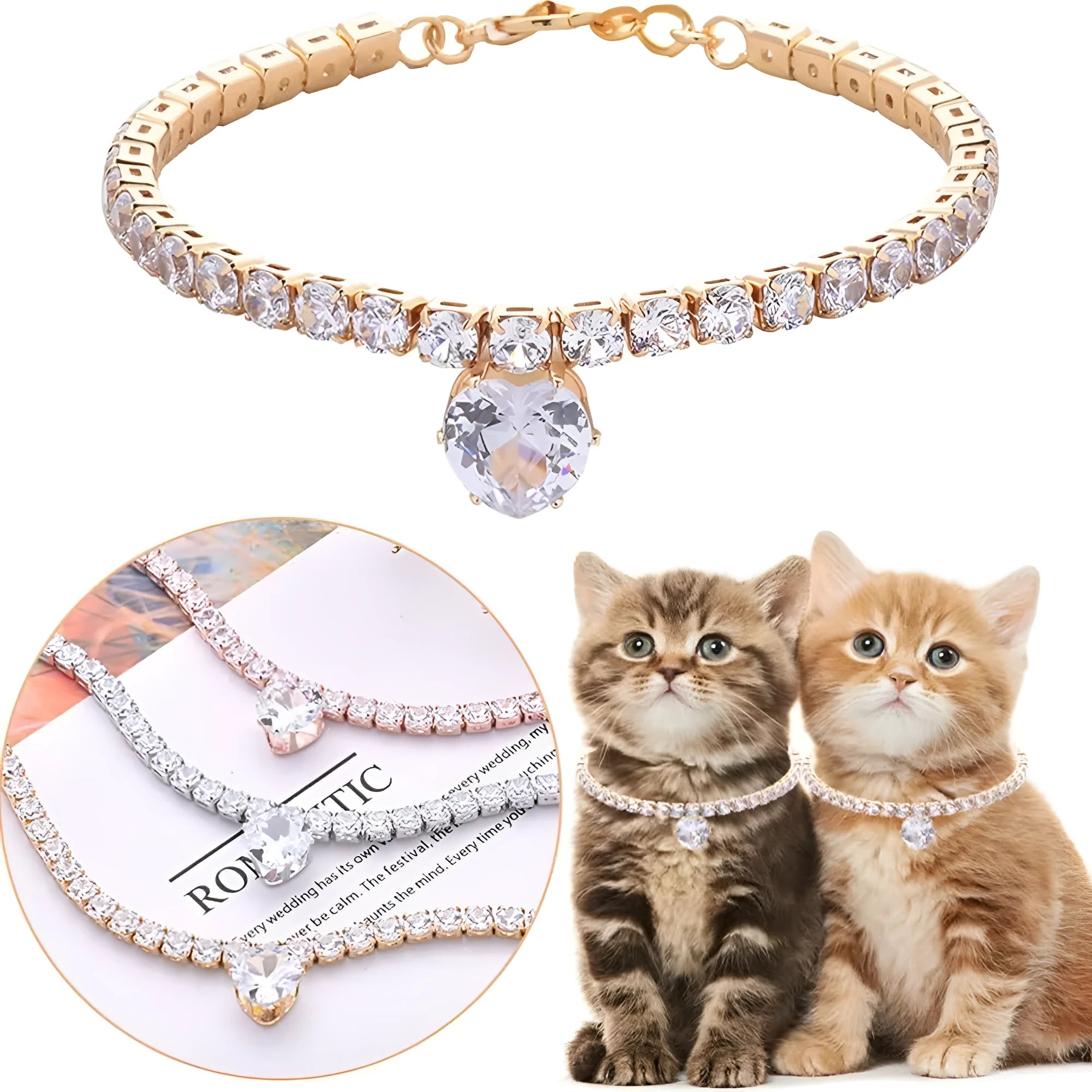 Gold heart-shaped rhinestone pet collar for dogs and cats with adjustable chain on a white background.