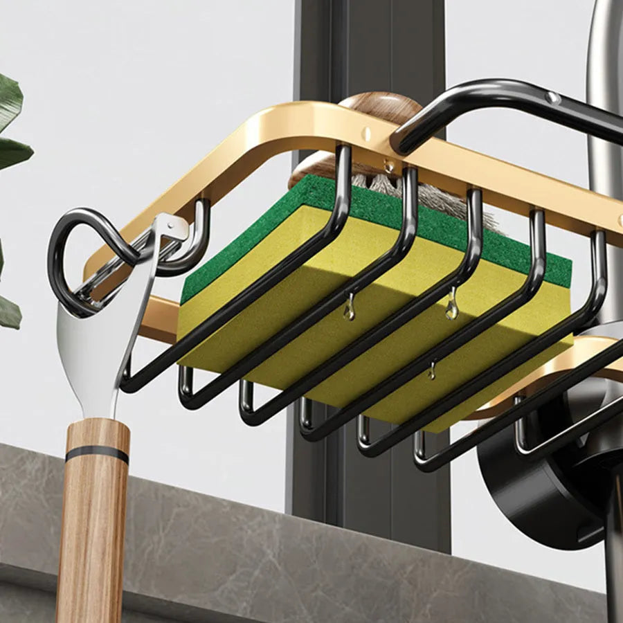 Kitchen storage faucet rack drain basket in space aluminium with no-punching attachment mounted over tap
