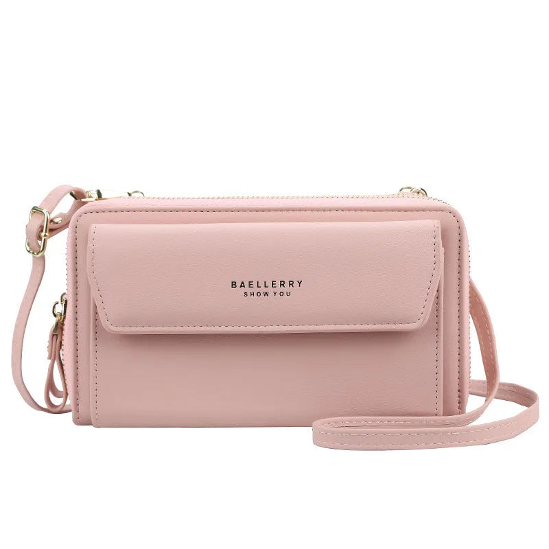 Ladies soft PU leather diagonal messenger wallet bag with double zipper in horizontal square shape