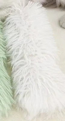 Plush cat toy pillow with crinkle paper in blue, green, pink and white colours measuring 27cm by 10cm