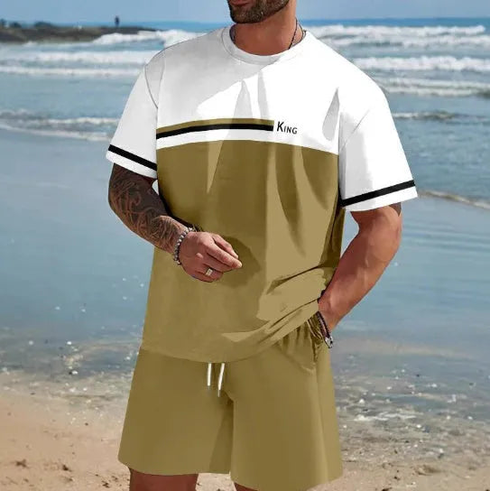 Men's loose-fit polyester summer set with short-sleeved T-shirt and matching shorts