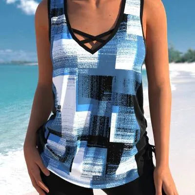 Women's swimsuit set showing matching top and printed split boxer shorts in polyester fabric