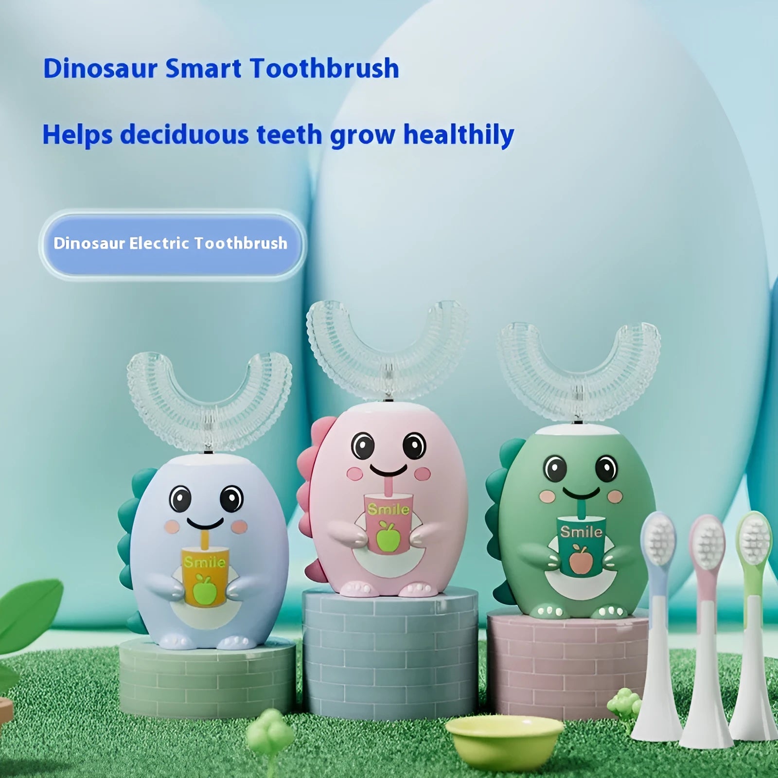 Children's cartoon dinosaur soft bristle electric toothbrush with U-shaped silicone head in green