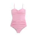 Women's black high-waist one-piece swimsuit with adjustable shoulder straps on a mannequin.