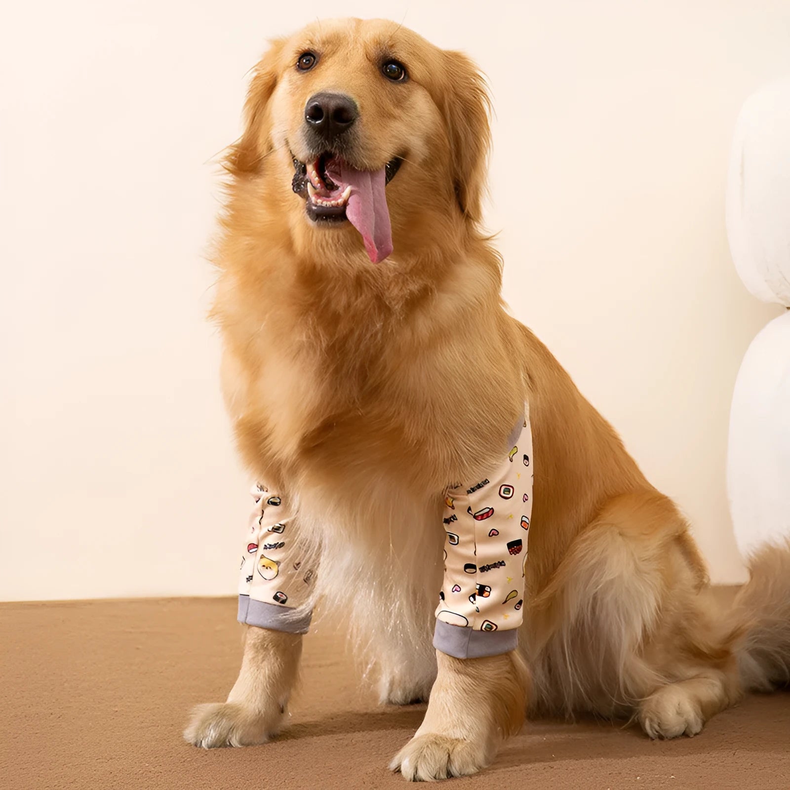 Blue dog knee protector wrap with thick elbow padding and adjustable plastic buckle, shown with coordinating scarf
