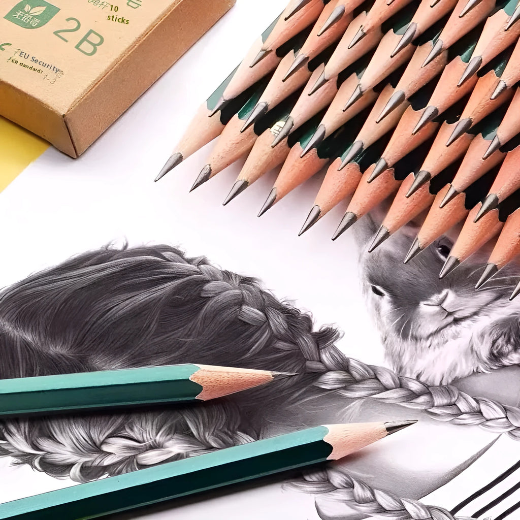 Green Rod wooden pencil set with six-angle shape containing HB and 2B graphite grades