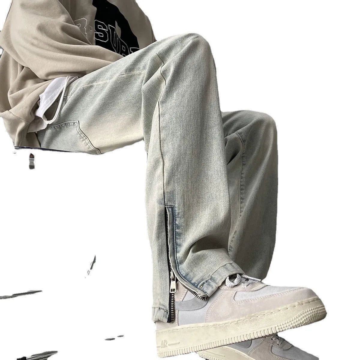 Men's retro straight-leg skinny denim jeans in yellow mud colour with side zipper