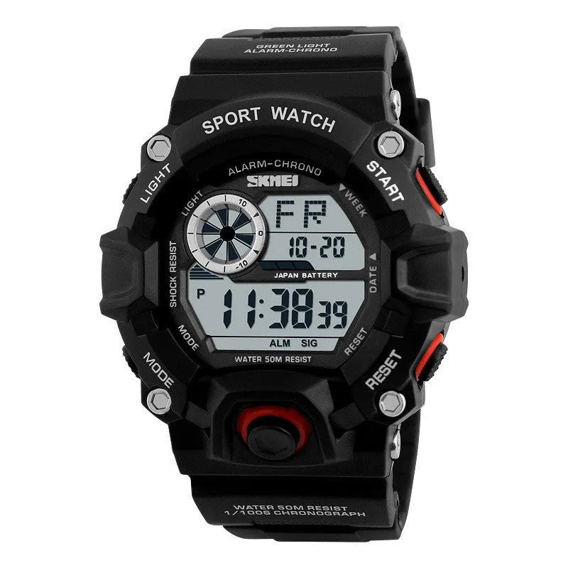 Waterproof electronic sports watch with round dial and plastic strap in camouflage green colour