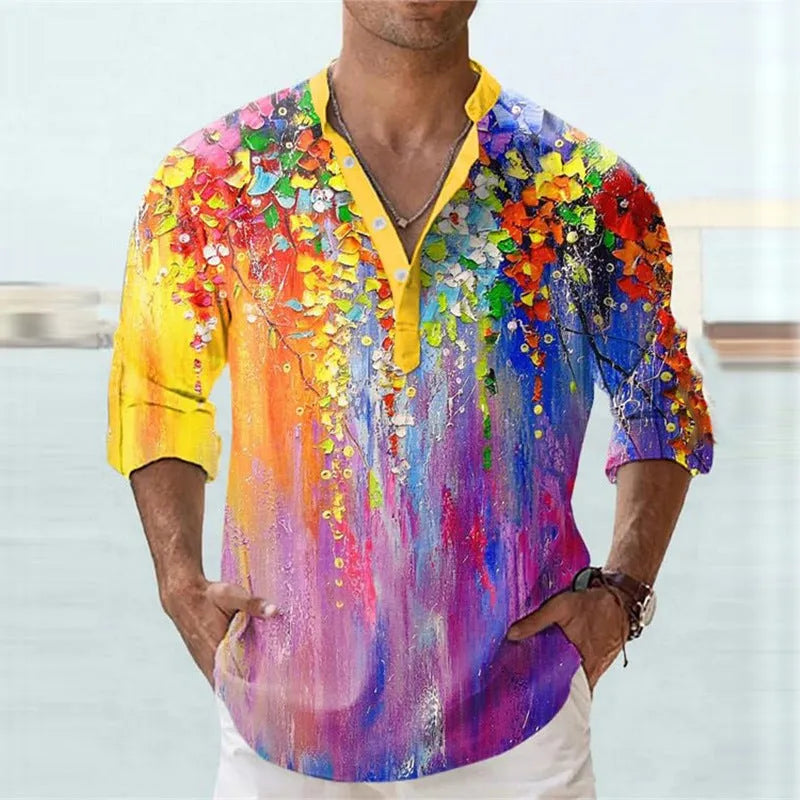 British style short sleeve shirt with 3D digital thermal transfer striped pattern on bamboo hemp fabric