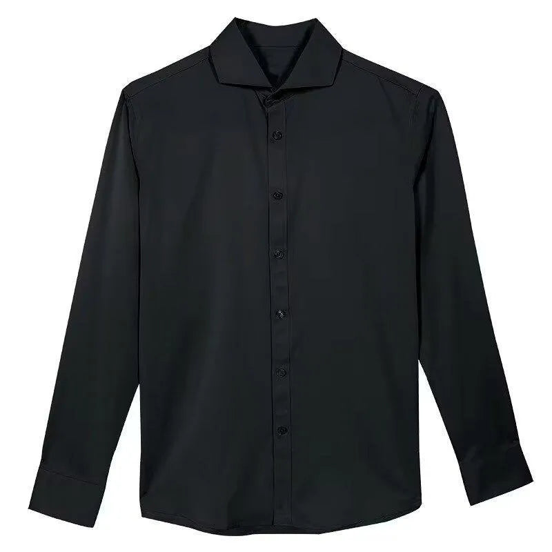 Black men's slim fit Korean style long sleeve cardigan shirt on a hanger